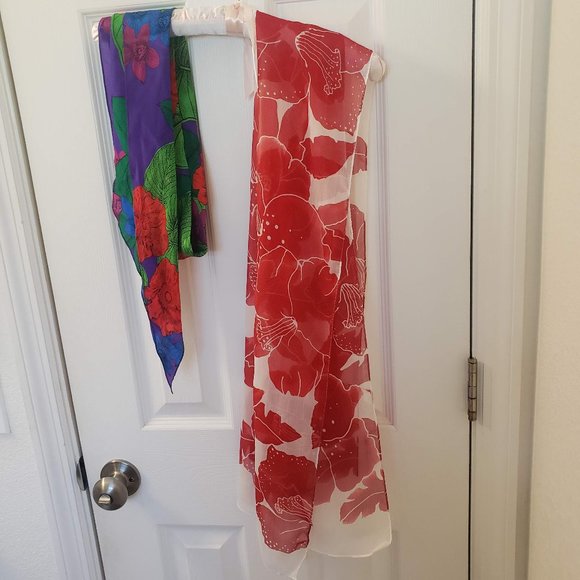 Pair of Scarves Floral Flowers Red Thin Sheer Wrap - Picture 6 of 14